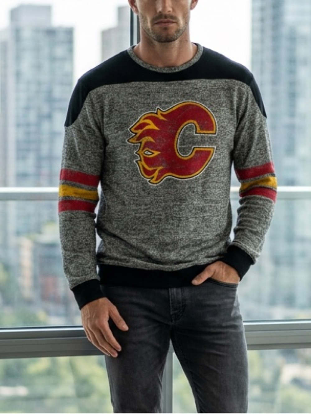 Red Jacket Calgary Flames Cotton Long Sleeve Jersey Tee Grey